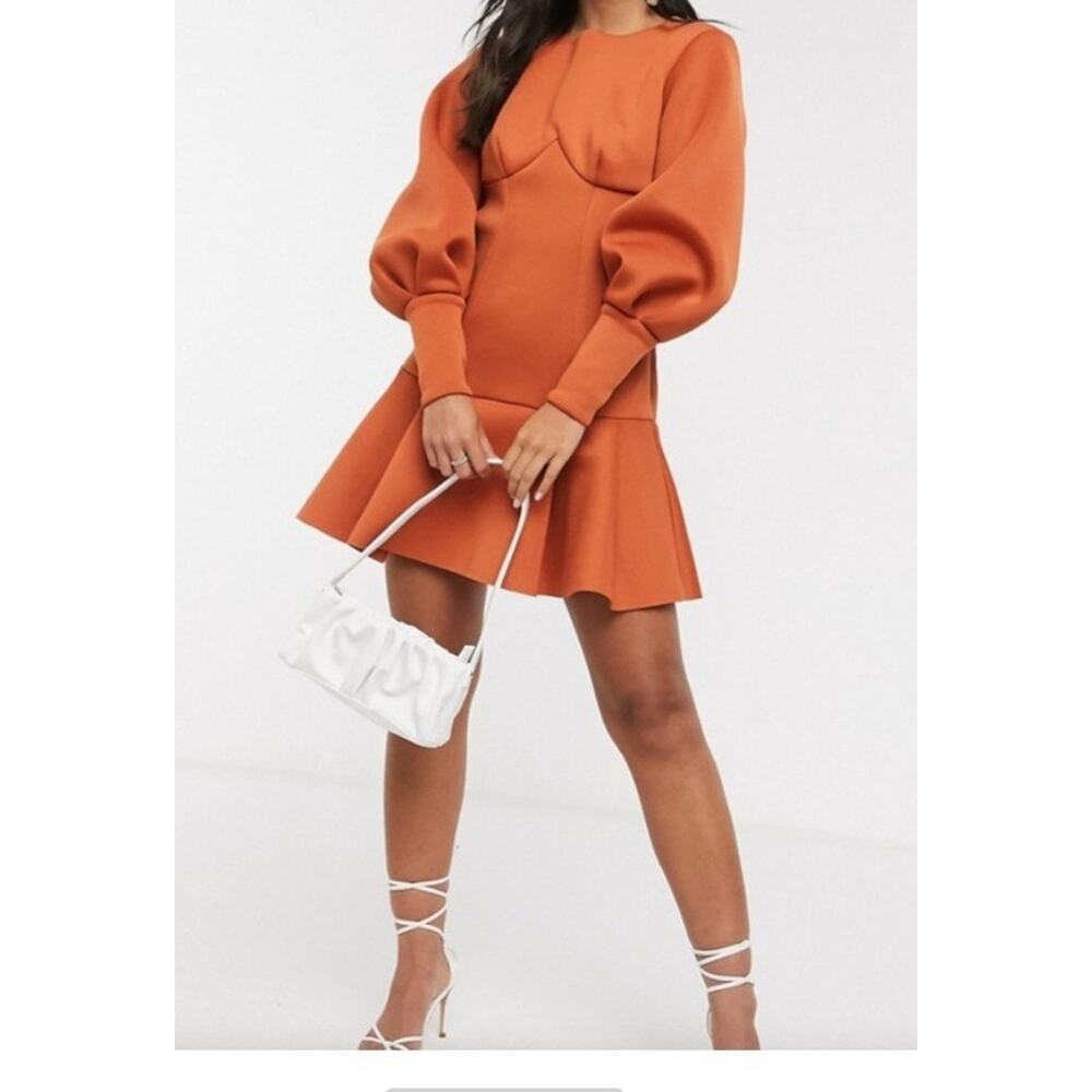 ASOS Long Sleeve Dress Women 12 Brown Orange Ruffle Hem